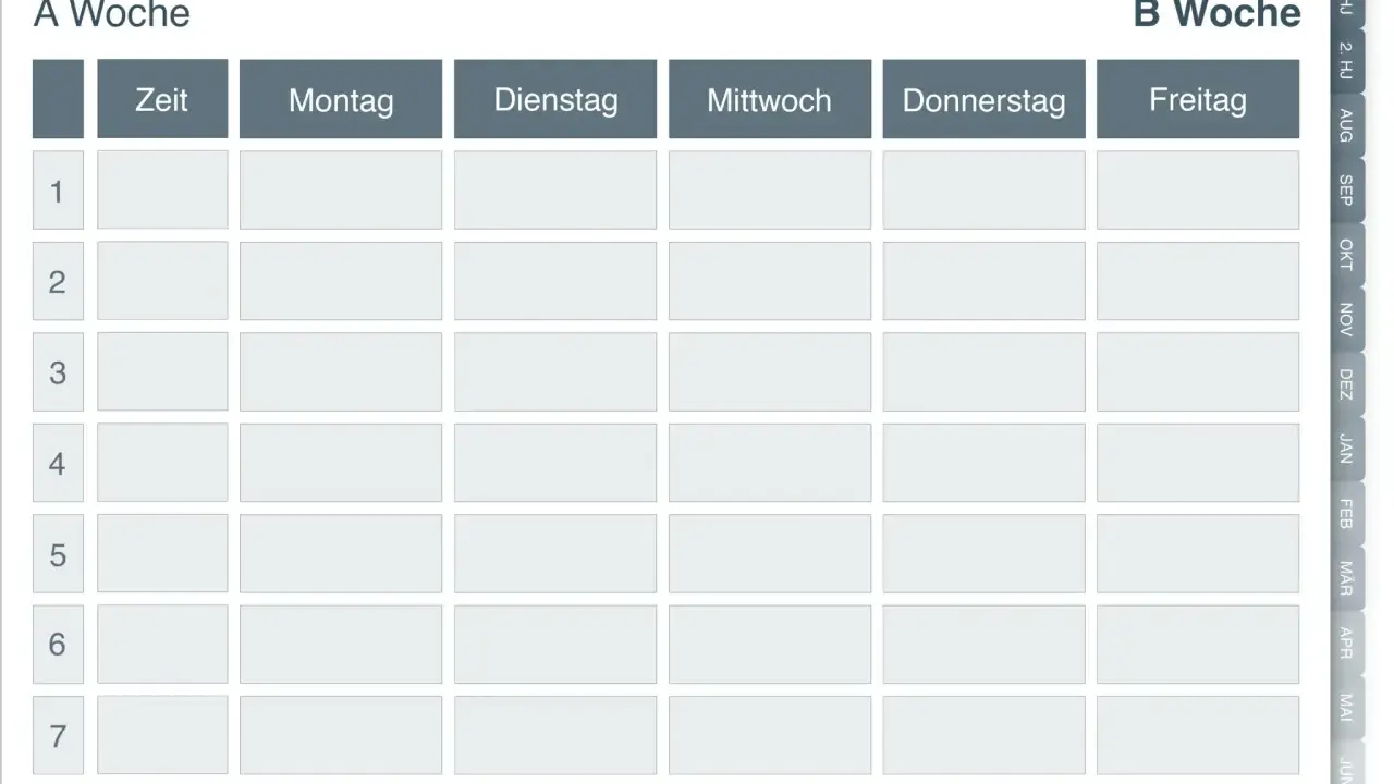 Ein leerer Stundenplan für die "A Woche" mit Feldern für Zeit, Montag bis Freitag und 8 Zeitstunden. Ideal als schuljahreskalender zum ausdrucken.