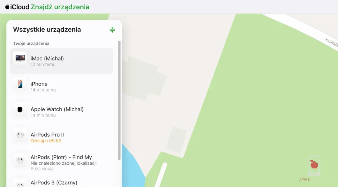 Interfejs iCloud "Znajdź urządzenia" pokazuje listę urządzeń, w tym iPhone'a. Można tu zarządzać sprzętem, nawet jeśli nie masz go przy sobie, co jest pomocne, gdy zastanawiasz się, jak wyłączyć Find My iPhone bez telefonu.