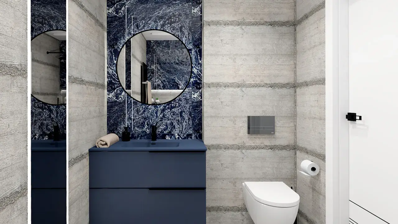 Nowoczesna granatowa łazienka inspiracje: beton, marmur i elegancka szafka.