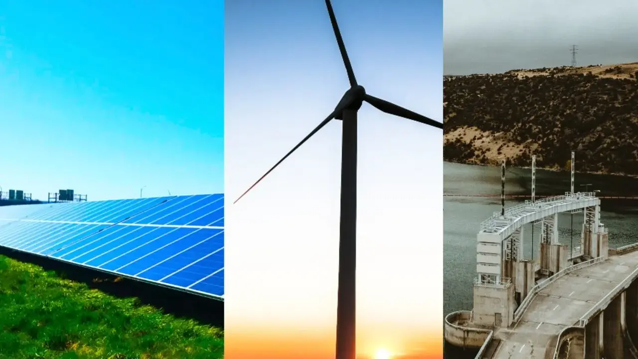Solceller, vindkraftverk och ett vattenkraftverk visar hur vi kan kombinera solceller och vindkraft för en hållbar framtid.