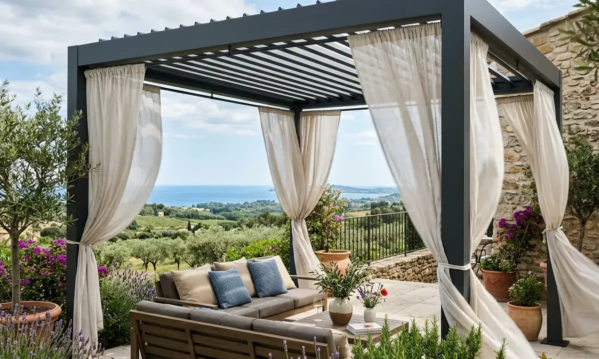 Pergola bioclimatique avec salon extérieur, vue mer. Idéal pour choisir votre espace de détente.