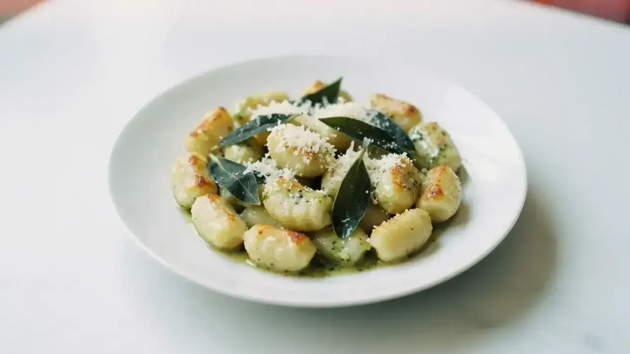 Pyszne gnocchi z sosem, posypane parmezanem i ozdobione listkami szałwii. Idealne danie dla miłośników włoskiej kuchni.