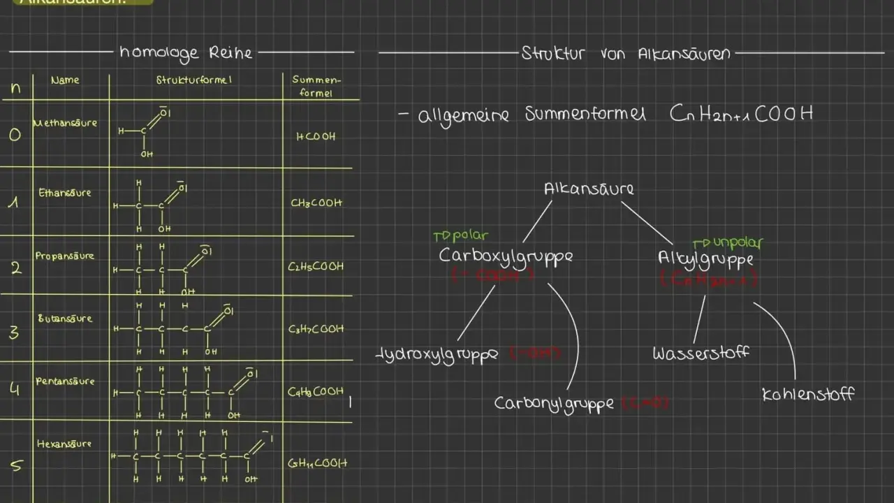 Die homologe Reihe der Alkansäuren zeigt Methansäure bis Hexansäure mit ihren Strukturen und Summenformeln. Die allgemeine Formel ist CnH2n+1COOH.