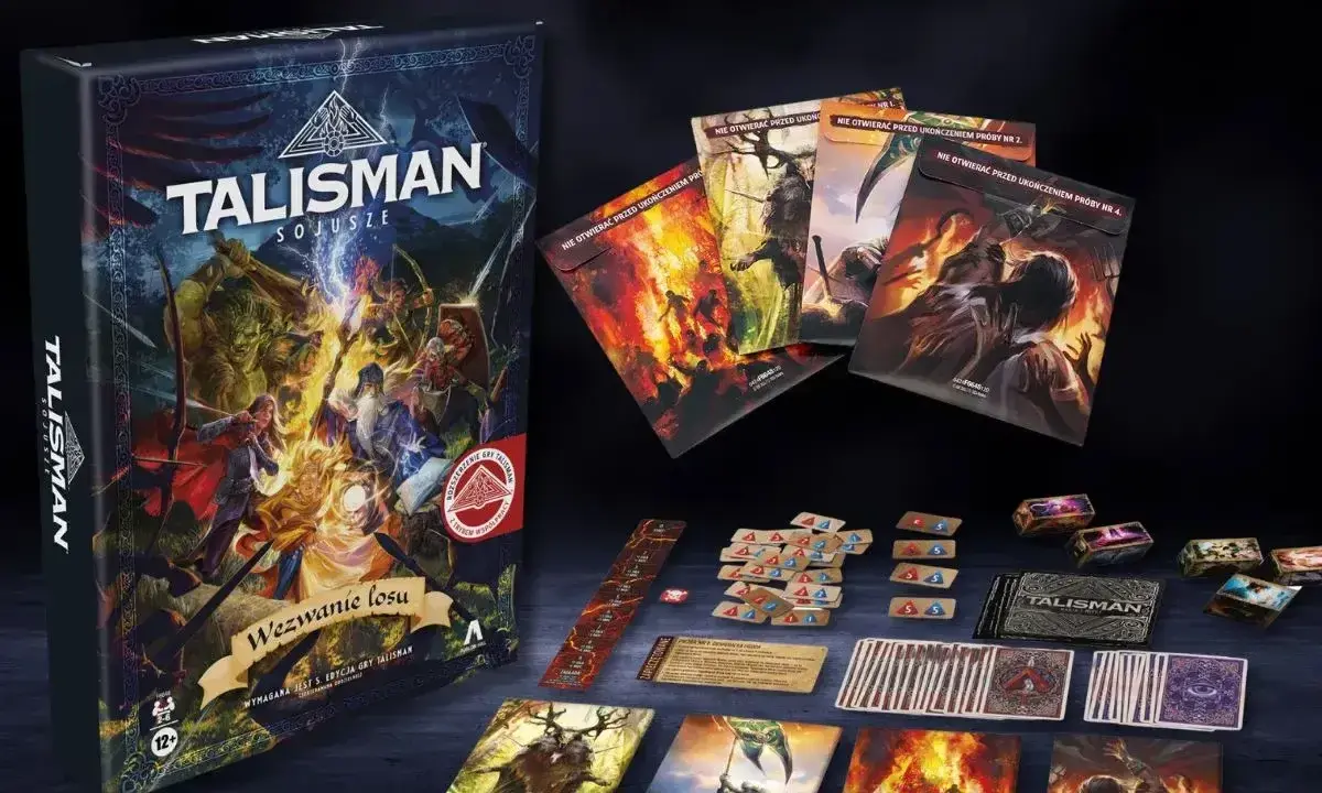Dodatek do gry komputerowej "Talisman: Sojusze" z kartami, żetonami i pudełkiem.