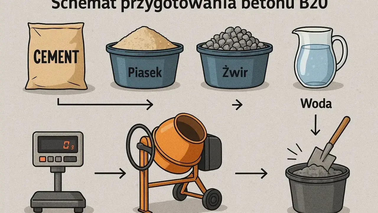 Schemat przygotowania betonu B20: cement, piasek, żwir i woda są ważone i mieszane w betoniarce.