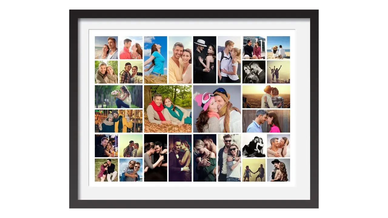 Plantilla collage fotos gratis Photoshop. Muestra parejas felices en diversas escenas románticas, ideal para crear recuerdos.
