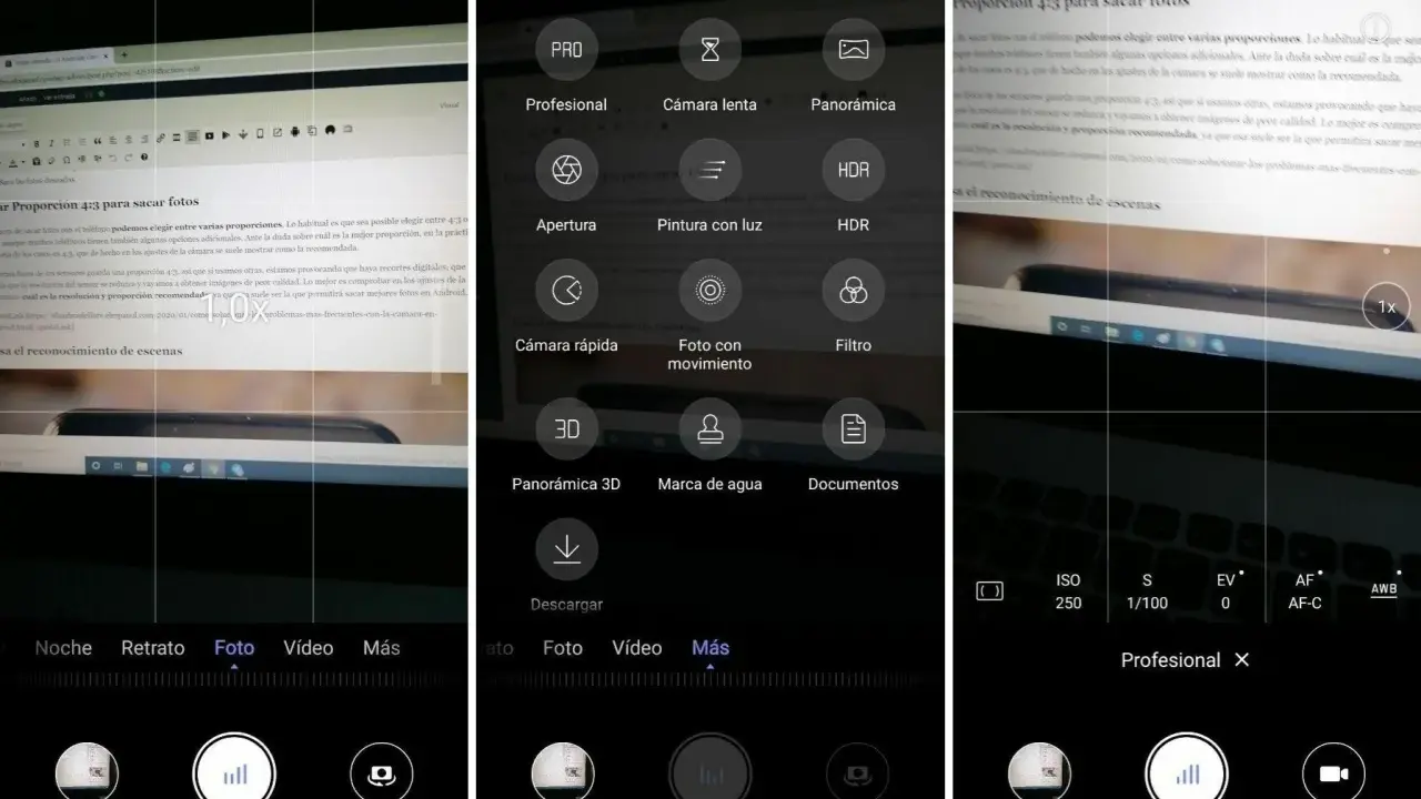 Ajustes de cámara en un teléfono: modos Pro, lenta, panorámica, HDR, apertura, filtros y más.