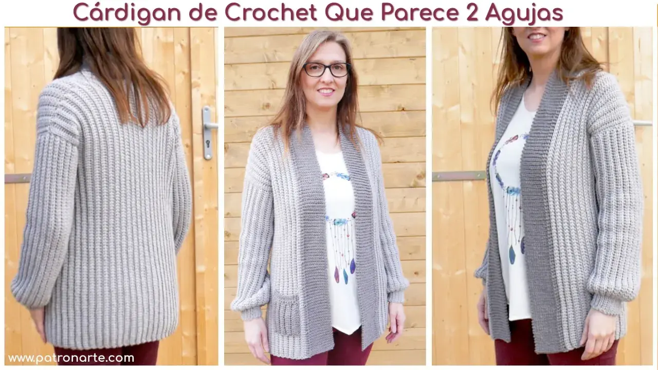 Chaqueta de crochet gris con bolsillos, fácil de hacer. Un diseño que parece tejido a dos agujas.