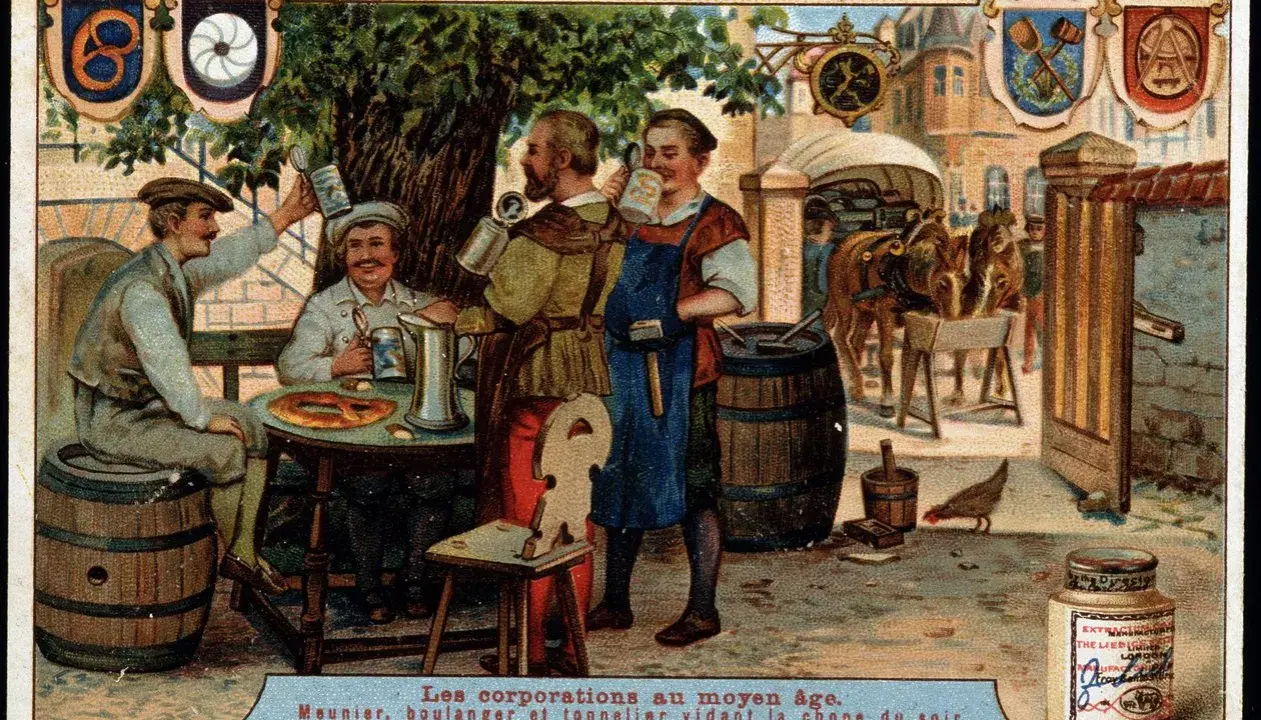 Handwerker im Mittelalter, was ist eine Zunft? Ein Brauer, Bäcker und Fassmacher trinken abends Bier.