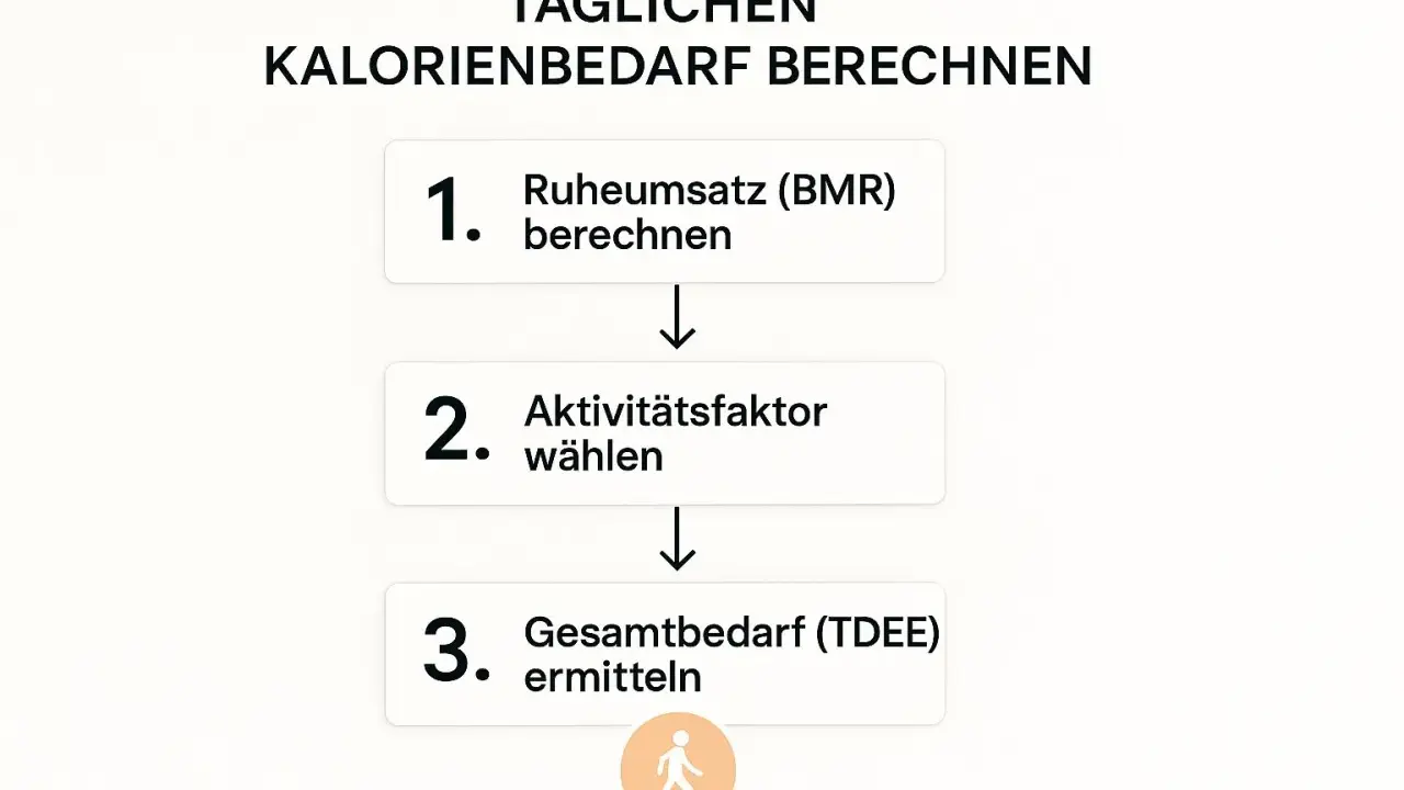 Schritt-für-Schritt-Anleitung zur Berechnung des täglichen Kalorienbedarfs für erfolgreiches Abnehmen im Kaloriendefizit.