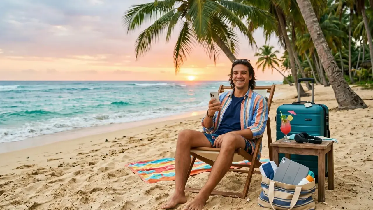 En glad man sitter på en strandstol vid havet, med en drink och en resväska bredvid. En rolig fakta om USA är att det finns över 400 nationalparker.