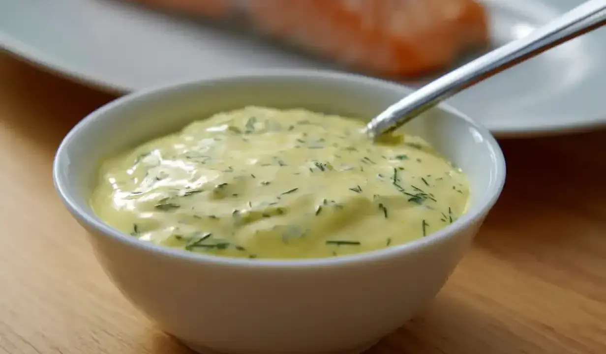 En skål med krämig romsås till lax, med dill och en sked redo att servera.