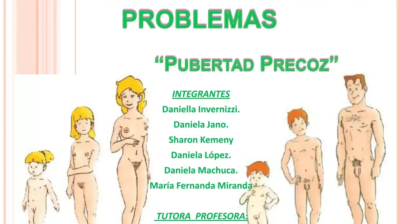 Ilustración de niños y adultos mostrando el desarrollo, con el título "Pubertad Precoz".