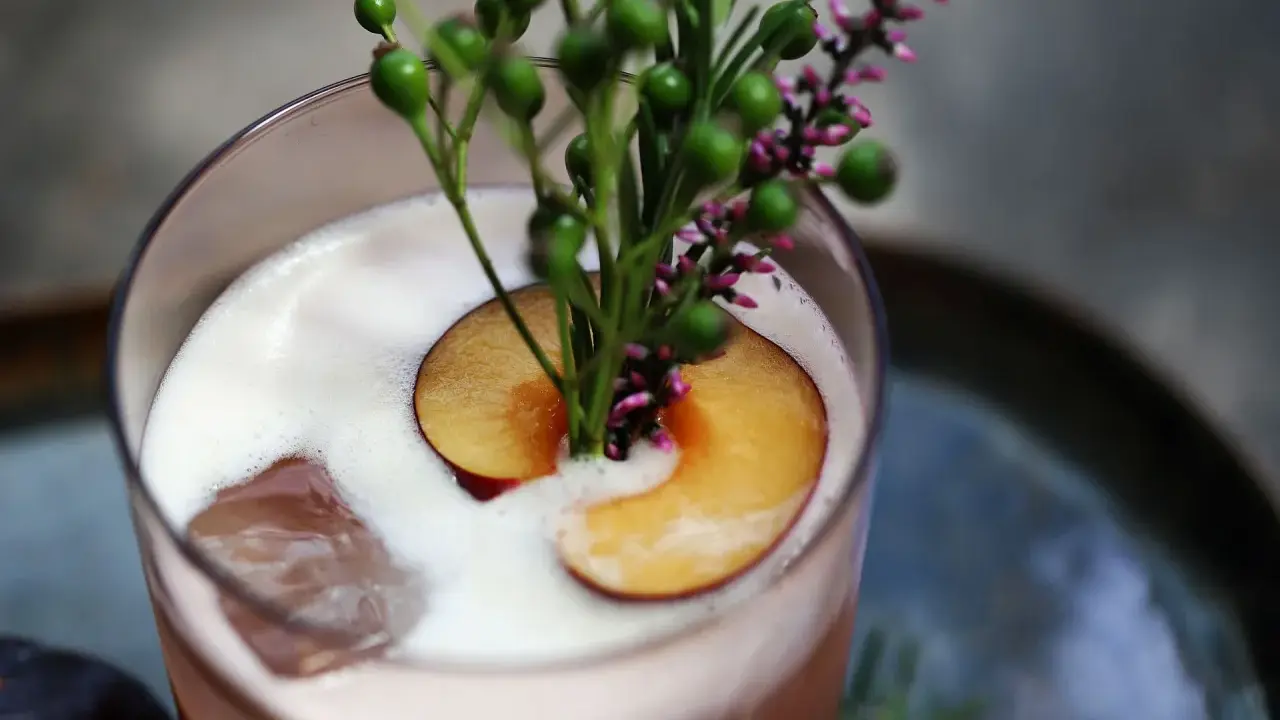 Ein erfrischender Campari Sour mit einer Scheibe Pflaume und zarten grünen Beeren, garniert mit Heidekraut.