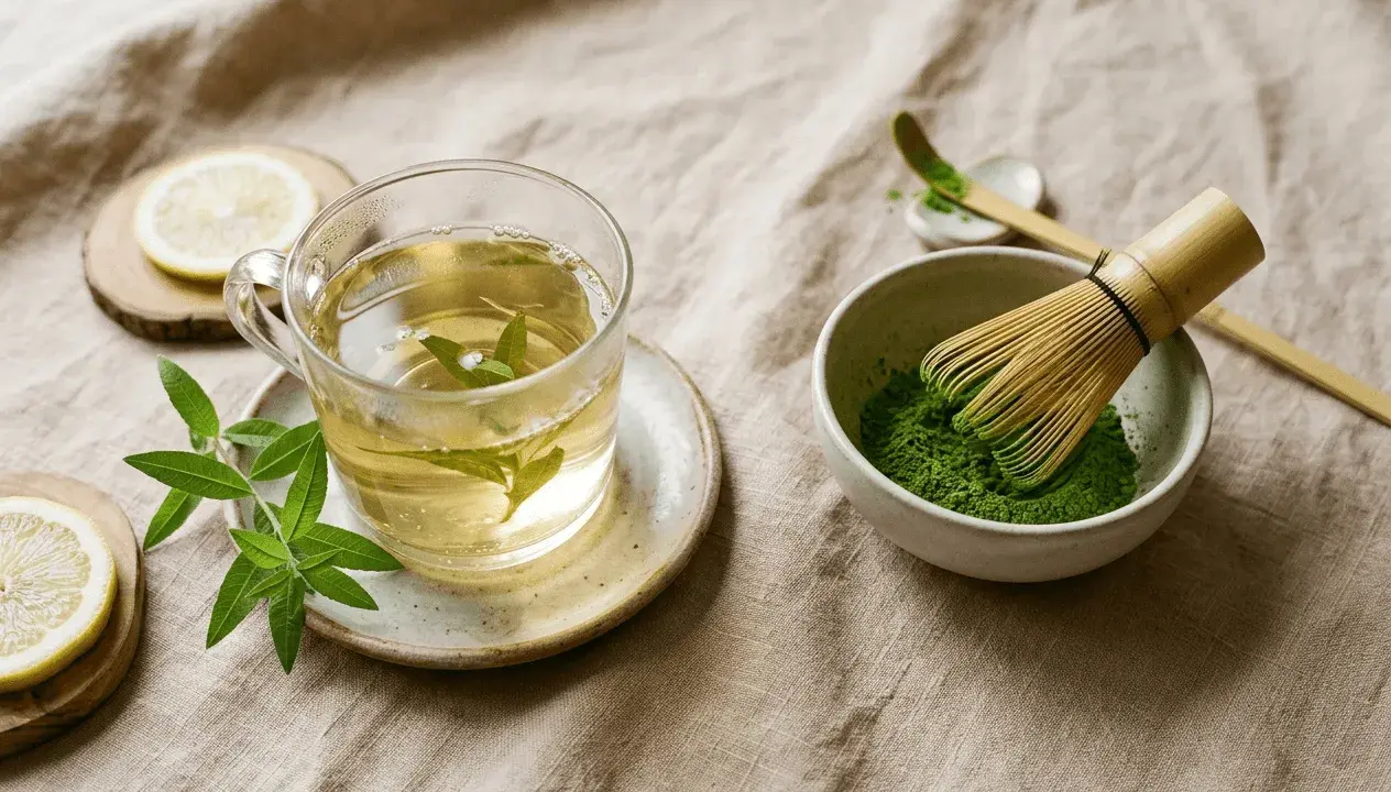 Préparation du matcha pour profiter de ses bienfaits. Thé vert, citron et herbes fraîches sur fond de lin.