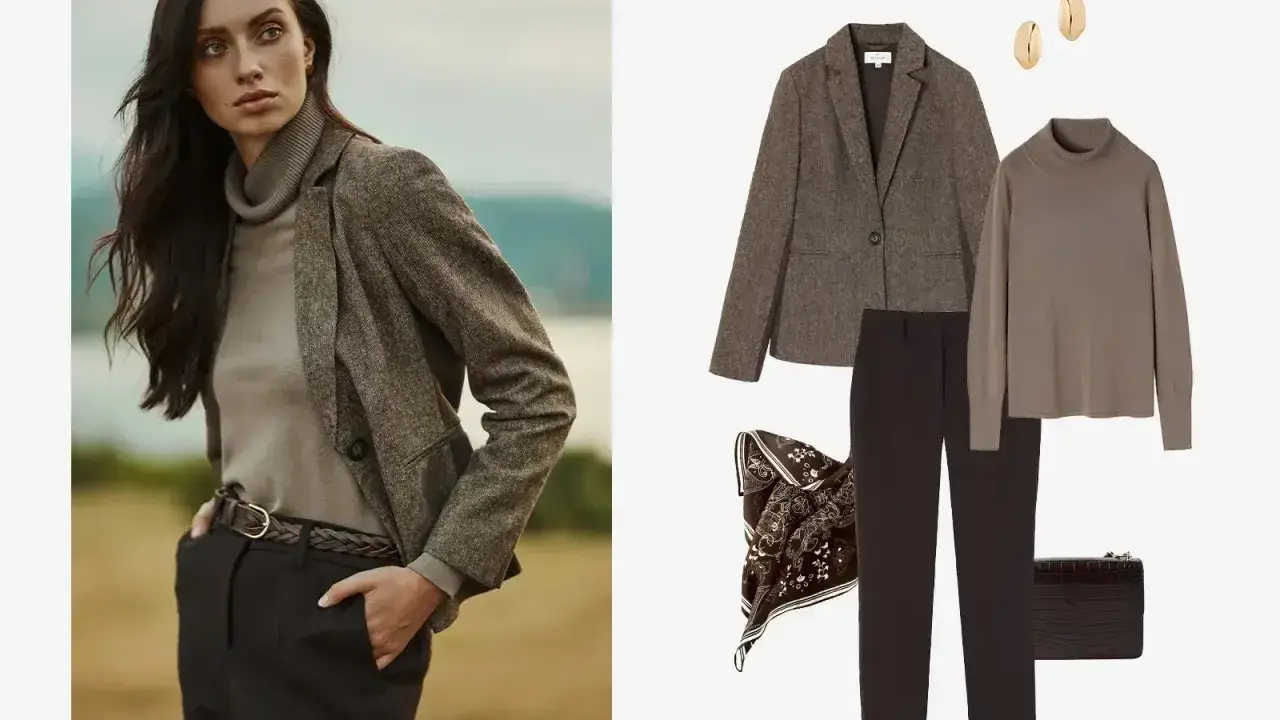 Eleganckie stylizacje z golfem: tweedowa marynarka, beżowy golf, czarne spodnie, apaszka i torebka.