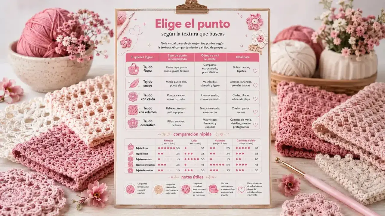 Guía visual de puntos bonitos para tejer, mostrando texturas y proyectos ideales. Incluye tabla comparativa y notas útiles.