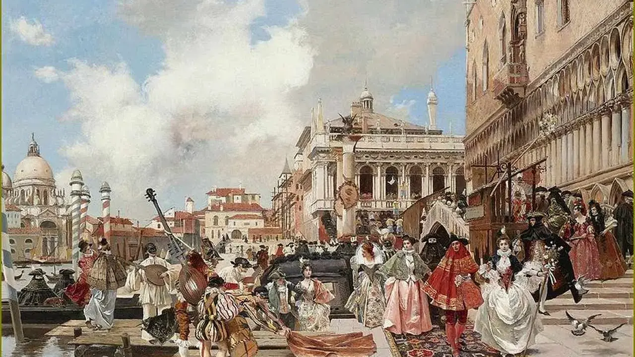 Scène de carnaval à Venise, inspirée par Théophile Gautier. Des personnages costumés déambulent sur un tapis, musique et architecture grandiose.