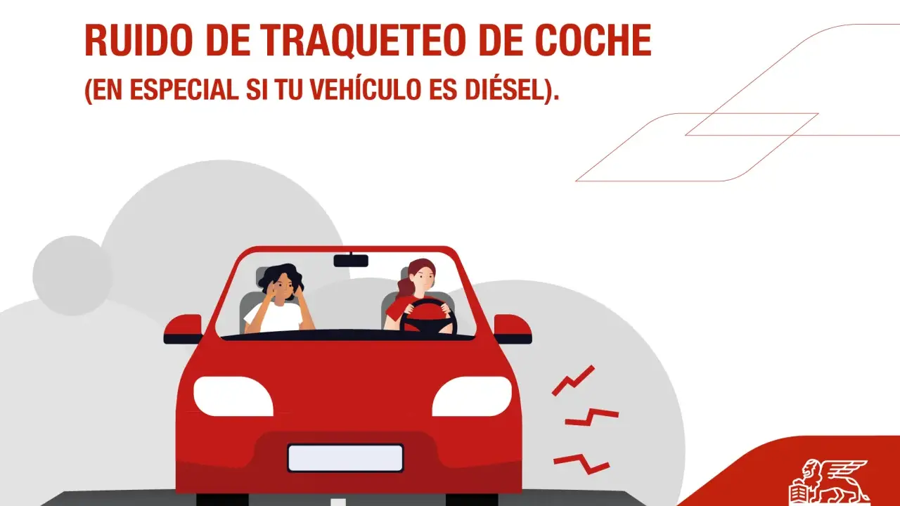 Dos mujeres en un coche rojo, una con las manos en las orejas por el ruido del motor. El texto indica "ruido coche en marcha".