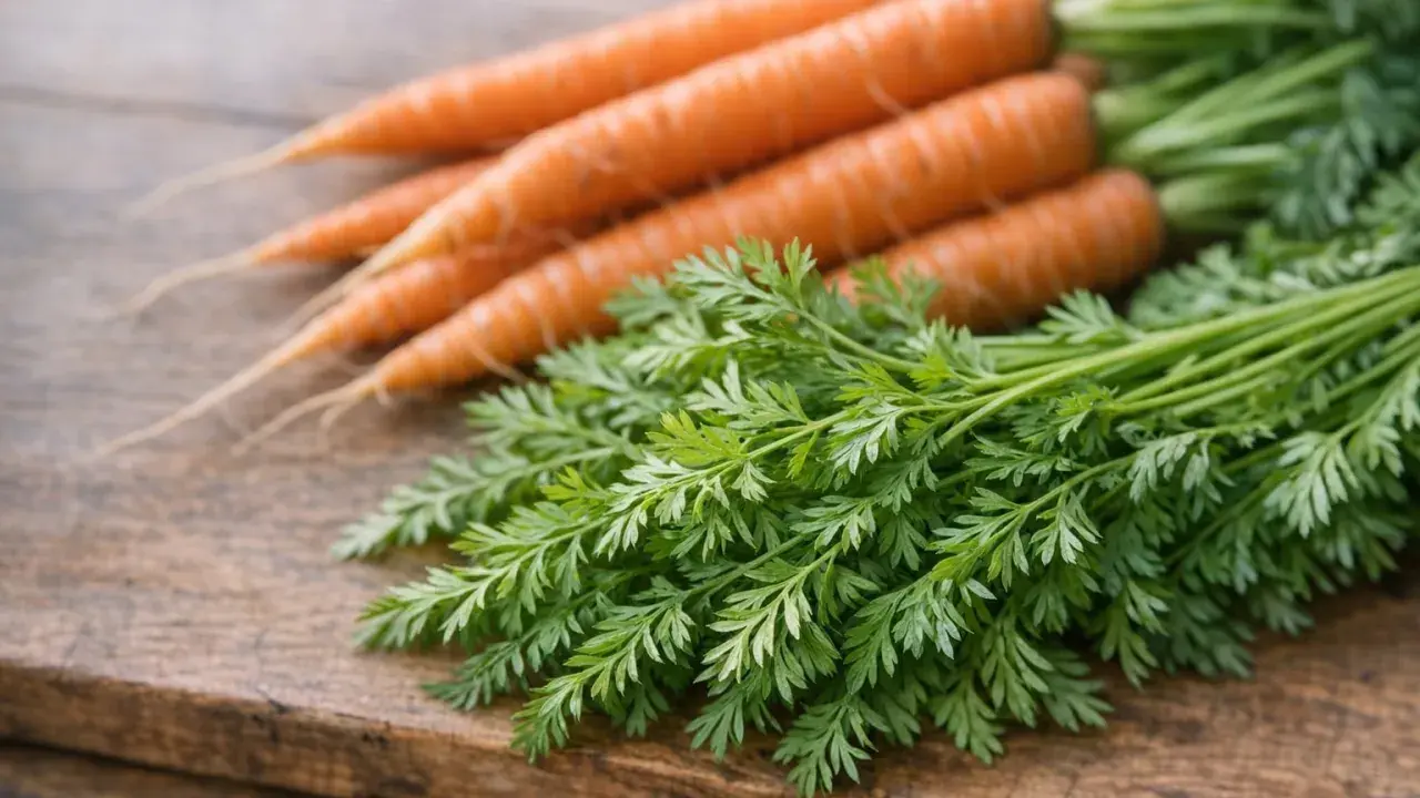Un bouquet de fanes de carottes fraîches et vertes repose à côté de carottes orangées sur une planche en bois.