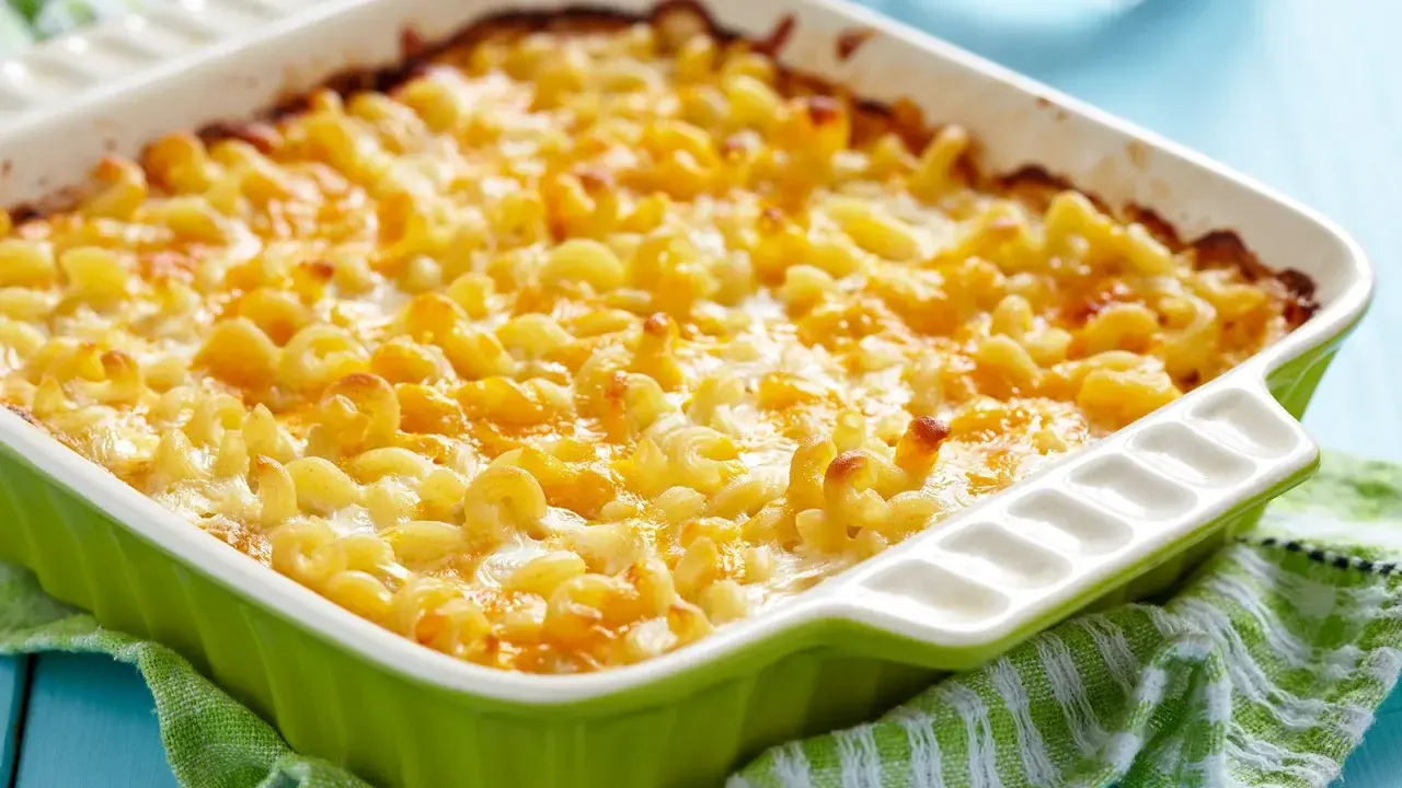 Überbackene Makkaroni mit Käse in einer grünen Auflaufform. Ein köstliches Gericht, das sich gut für Buttermilch Rezepte eignet.