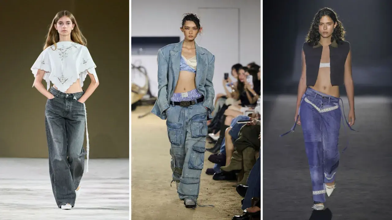 Modelle sfoggiano jeans a vita bassa: uno grigio oversize, uno cargo con giacca abbinata, e uno blu patchwork con pizzo.