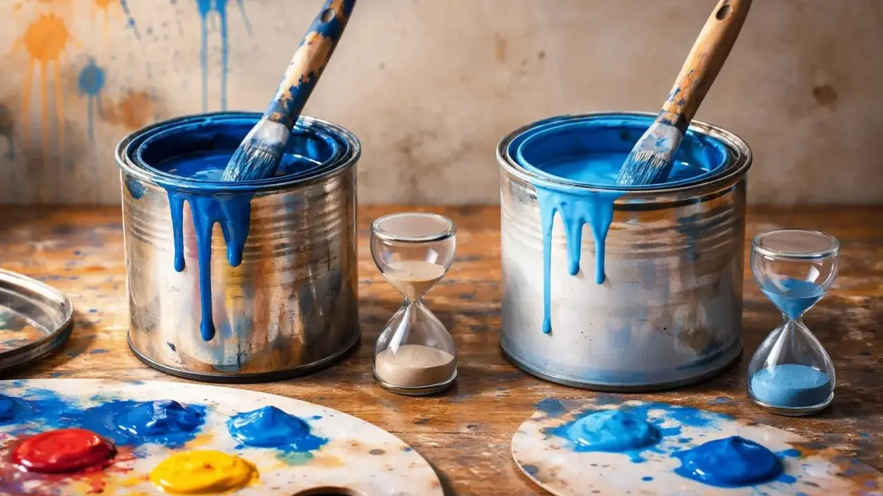 Deux boîtes de peinture bleue, des pinceaux et des sabliers suggèrent l'idée d'accélérer le séchage de la peinture glycéro.