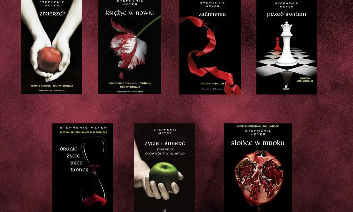 Saga Zmierzch- ile jest części? Na zdjęciu okładki 5 głównych tomów: Zmierzch, Księżyc w nowiu, Zaćmienie, Przed świtem, oraz dodatkowe: Drugie życie Bree Tanner i Życie i śmierć.