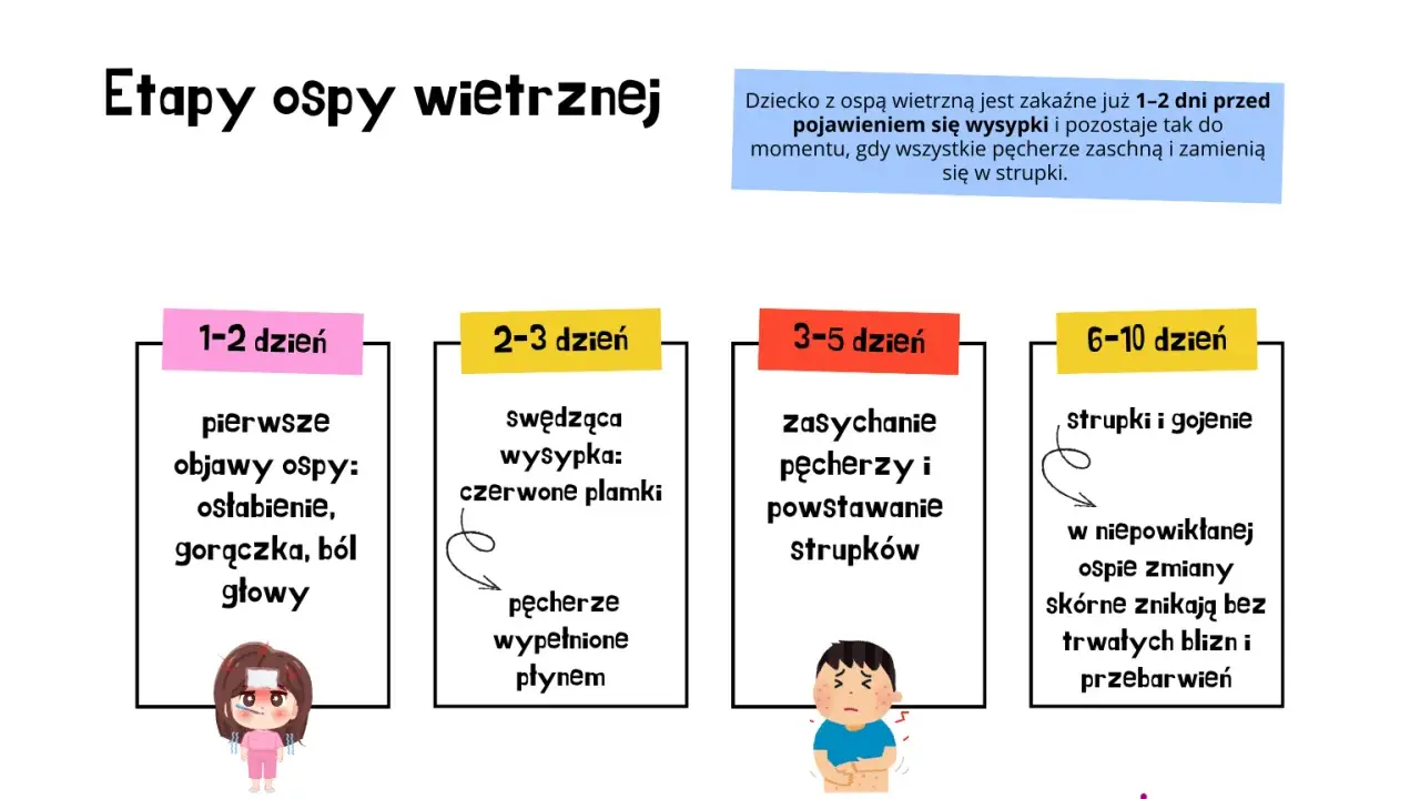 Jak wygląda ospa: od pierwszych objawów (osłabienie, gorączka) przez swędzącą wysypkę i pęcherze, aż po strupki i gojenie.