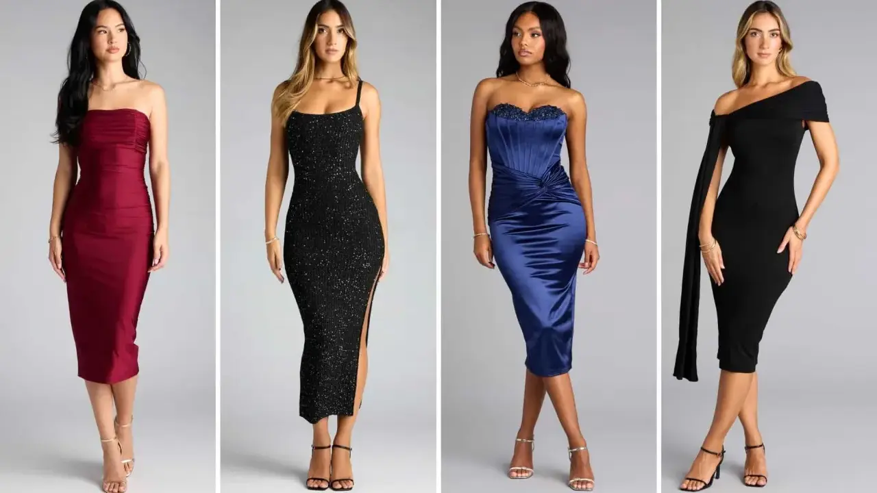 Four women in elegant dresses, showcasing a range of cocktail vs formal styles.