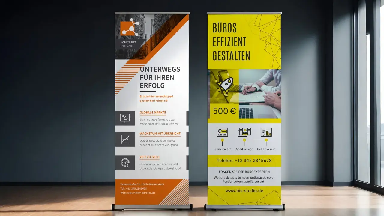 Dos roll up ejemplos publicitarios: uno naranja con "UNTERWEGS FÜR IHREN ERFOLG" y otro amarillo con "BÜROS EFFIZIENT GESTALTEN".