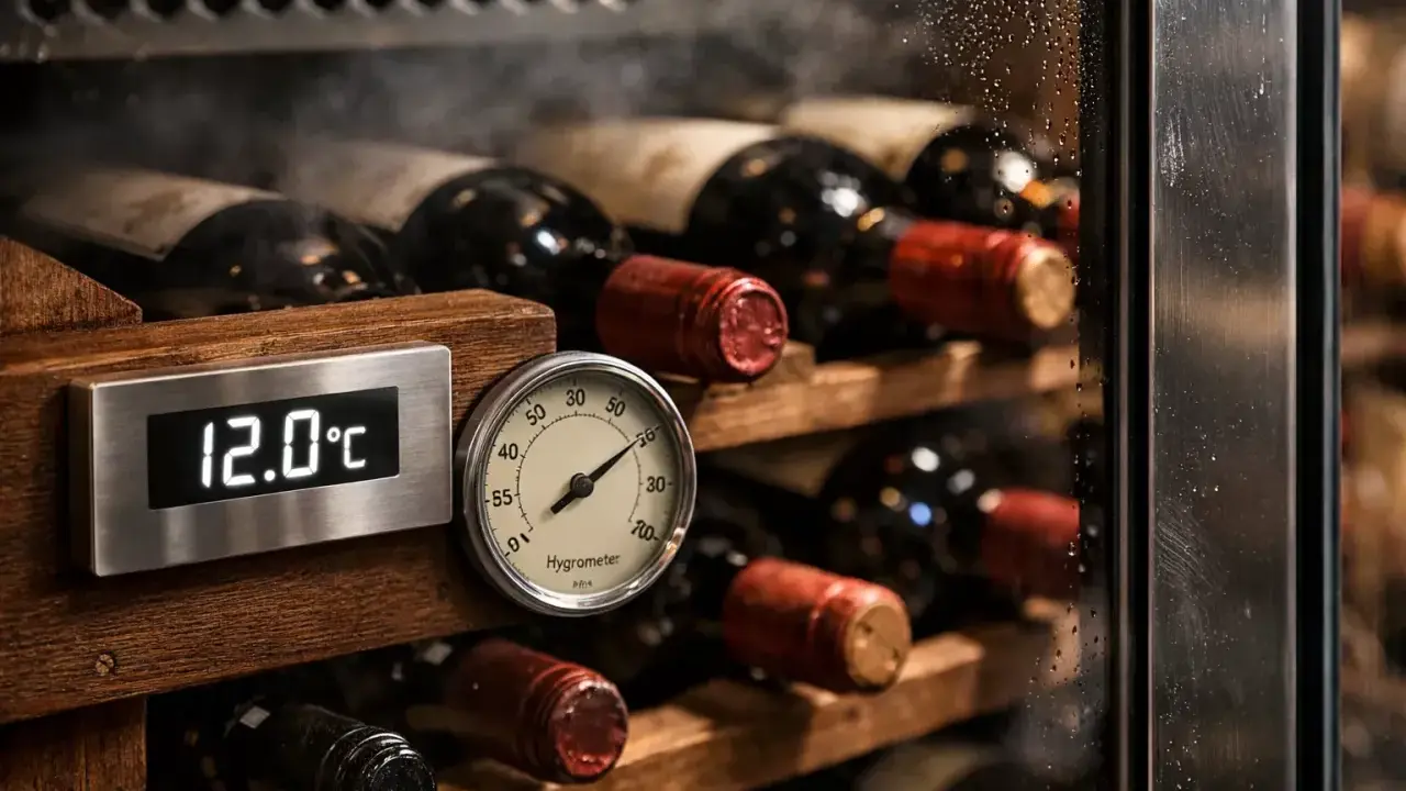 Cave à vin avec bouteilles rangées. Un thermomètre affiche 12.0°C, garantissant la température idéale pour la conservation.