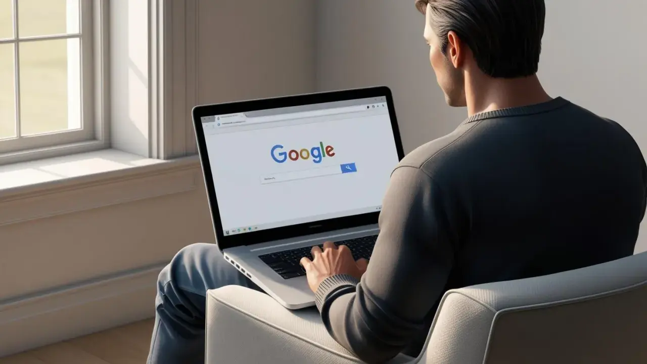 Mężczyzna korzysta z laptopa z otwartą wyszukiwarką Google.