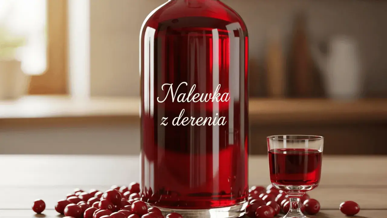 Butelka i kieliszek z czerwoną nalewką z derenia, otoczone owocami derenia.