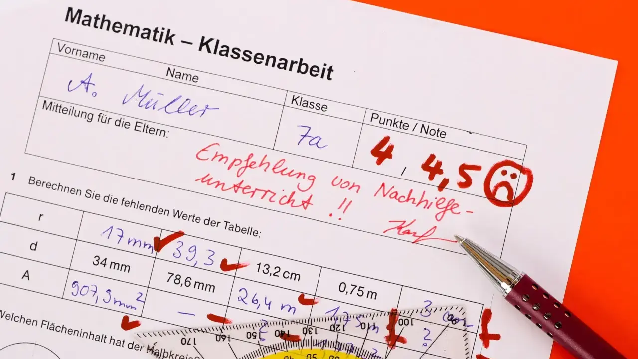 Mathematik-Klassenarbeit mit der Note 4,5 und einem traurigen Smiley. Die Empfehlung lautet "Nachhilfeunterricht".