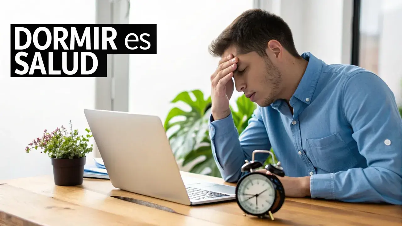 Joven con dolor de cabeza frente a su laptop, buscando trucos para dormir mejor. El reloj marca la hora.