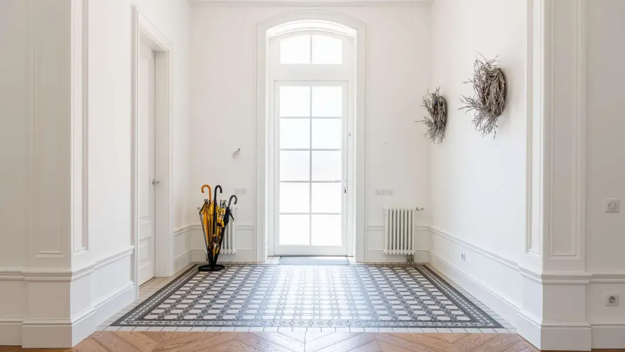 Vacker hall med klinker golv som ger inspiration. Ett stilrent mönster möter trägolv.