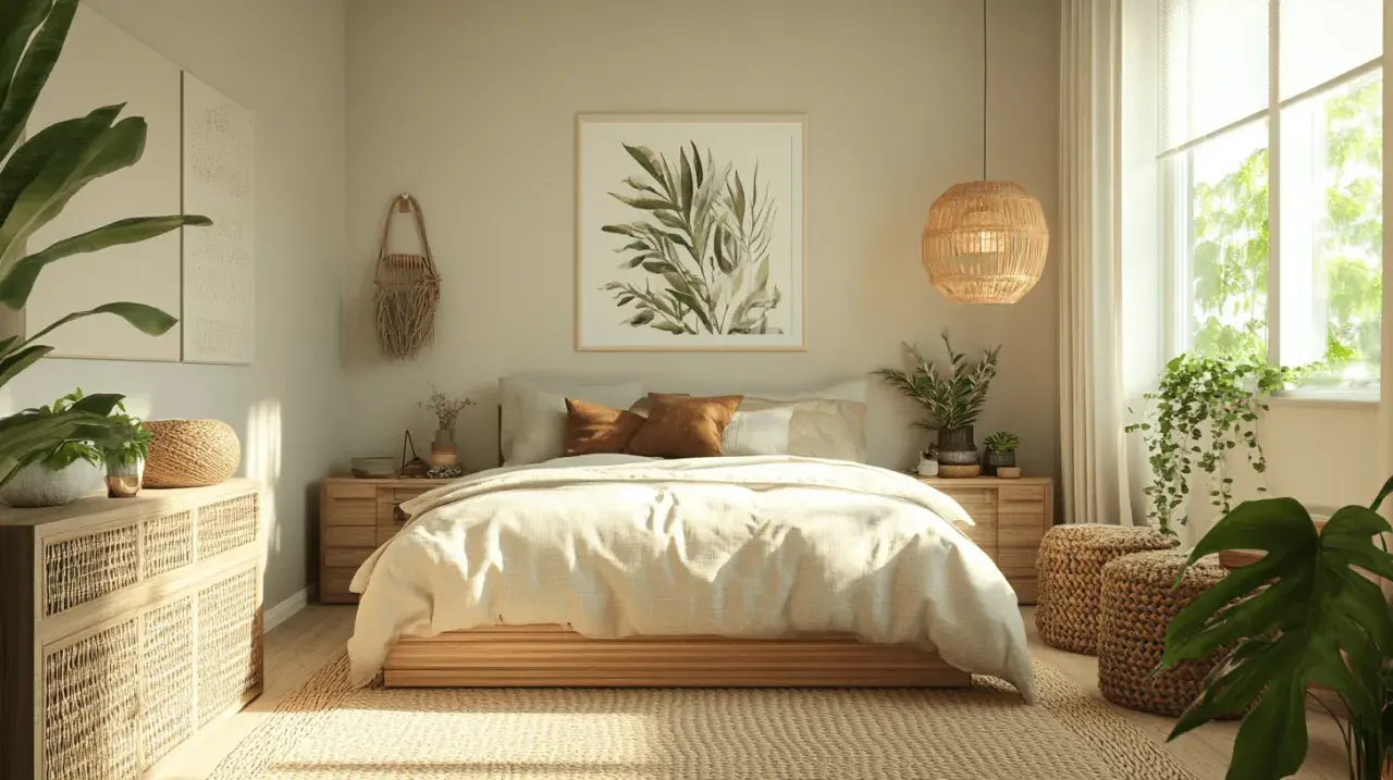 Chambre feng shui apaisante avec lit bas en bois, linge de lit clair, plantes vertes et lumière naturelle douce.