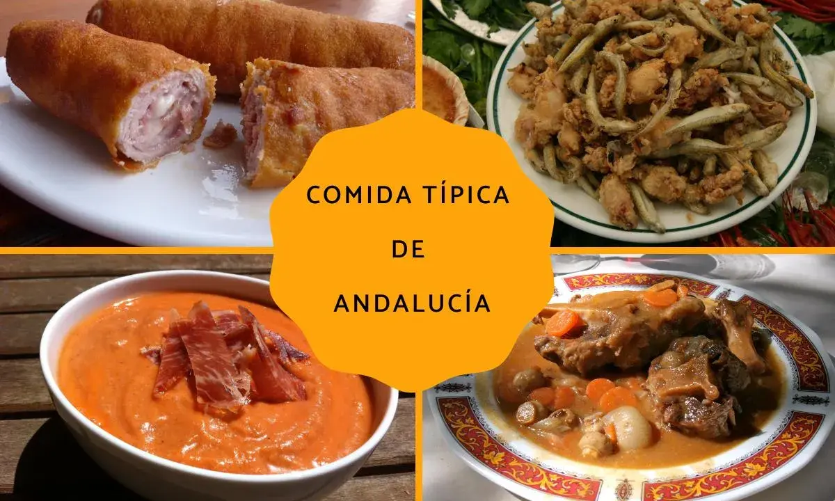 Cuatro platos de comida andaluza: croquetas, pescaíto frito, salmorejo y rabo de toro.