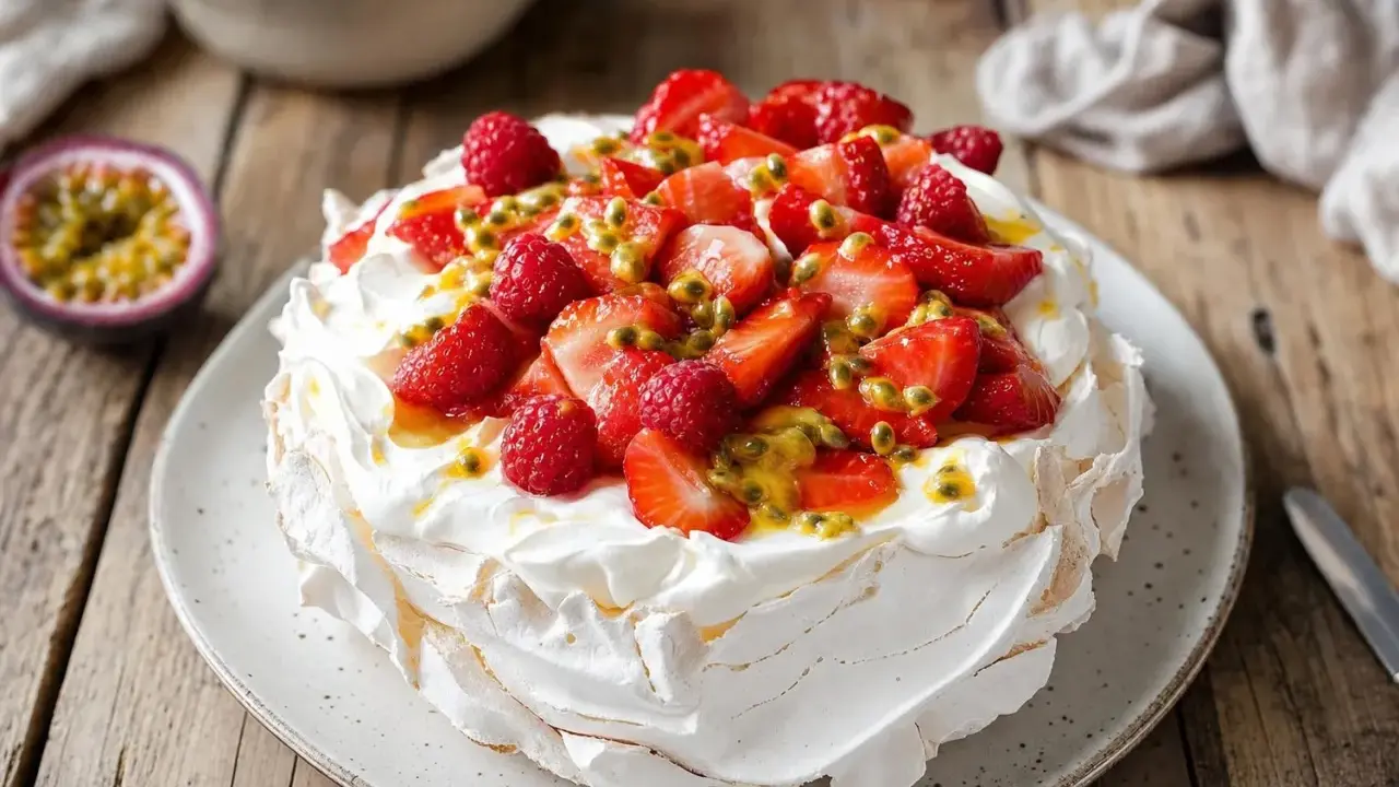 Pavlova aux fruits rouges et fruits de la passion, une délicieuse recette russe pour un dessert léger et aérien.