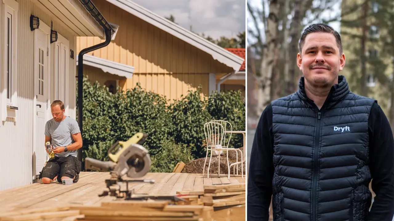 Man bygger altan. Verktyg och material ligger redo för altan konstruktion. I högra bilden en man i väst med Dryft-logga.