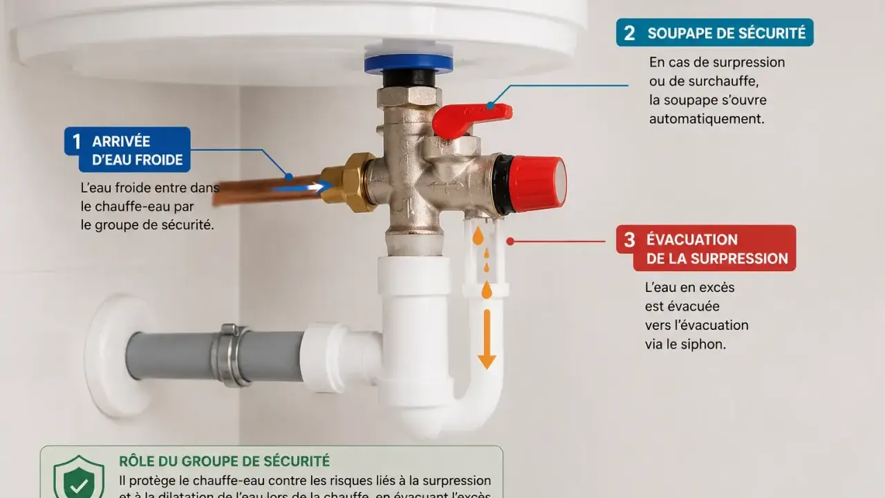 Le groupe de sécurité d'un chauffe-eau, avec sa soupape et son évacuation, assure la protection contre la surpression.