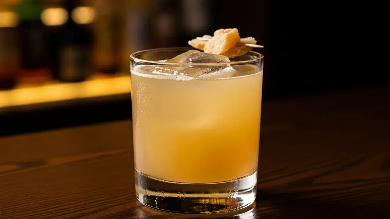 En gyllene penicillin drink med is och en garnering av ingefära på en träyta.