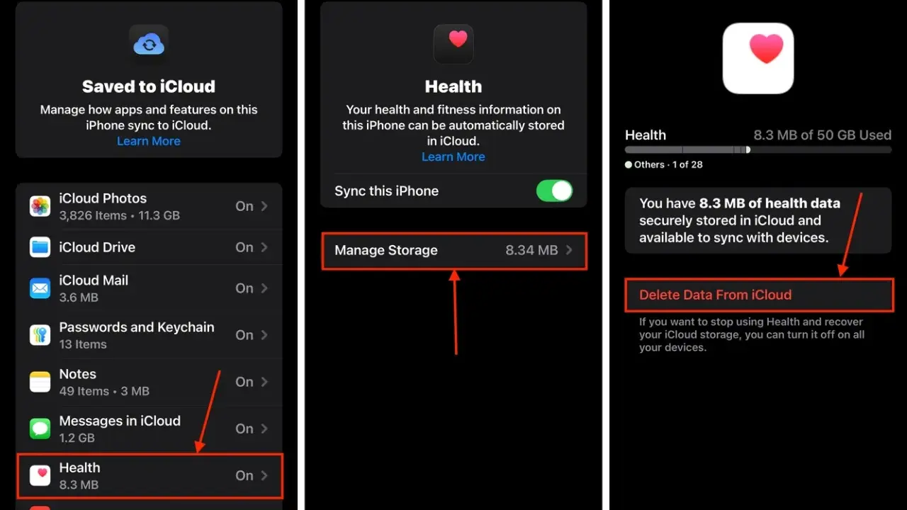 Jak usunąć aplikacje z iPhone: na ekranie "Zarządzaj pamięcią iCloud" wybierz "Zdrowie", a następnie "Usuń dane z iCloud".