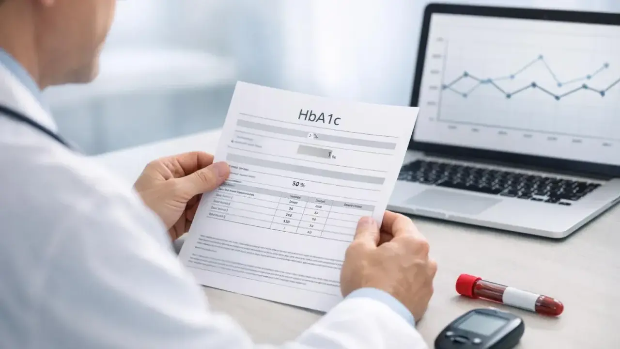 Lekarz analizuje wyniki badania HbA1c, które wskazują na normę. Obok leży glukometr i probówka z krwią.