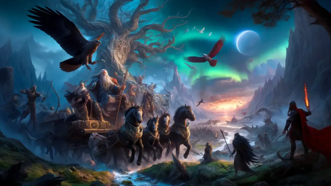 En vagn dragen av hästar, med gamla män och örnar, under norrsken. En scen som påminner om fornnordisk religion och mytologi.