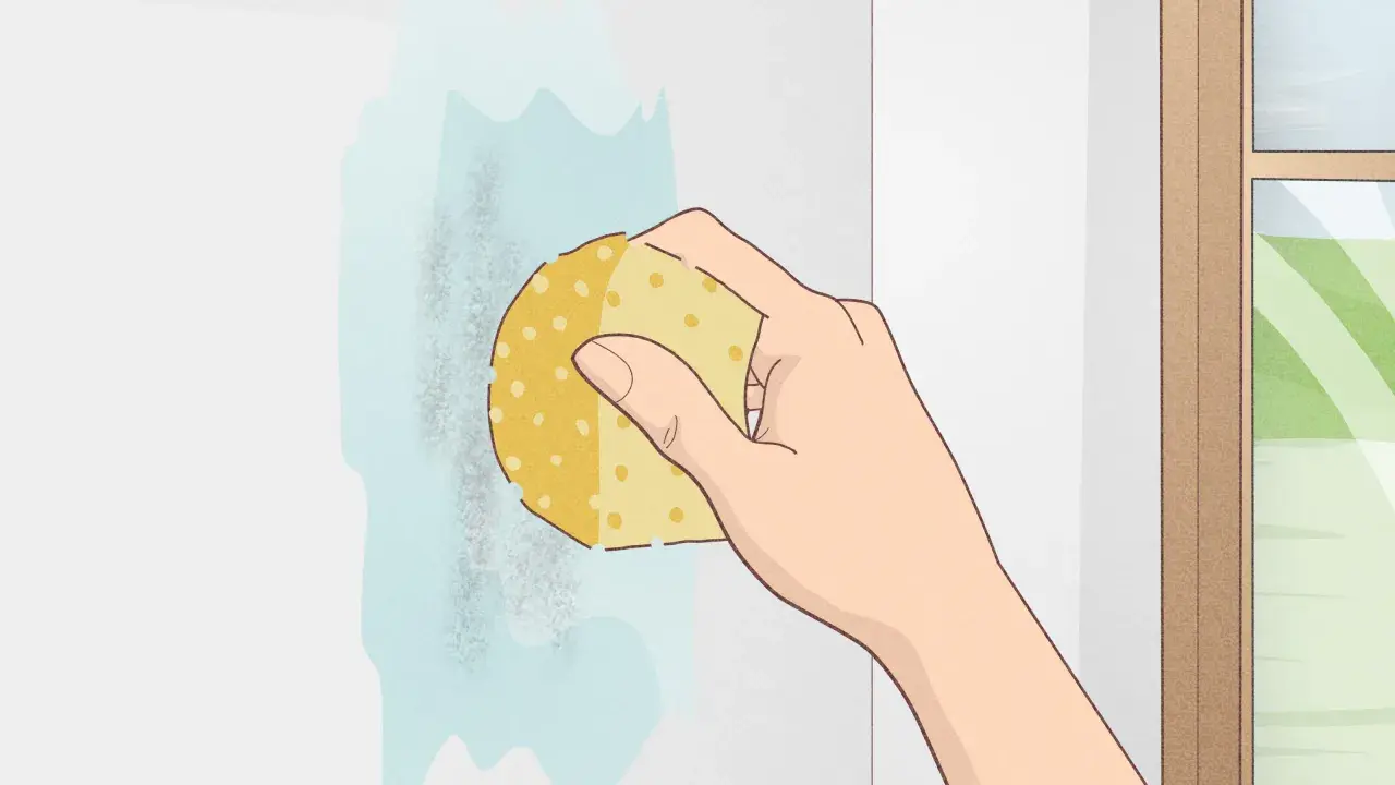 Mano limpiando una mancha en una pared blanca con una esponja. Aprende como limpiar paredes blancas fácilmente.