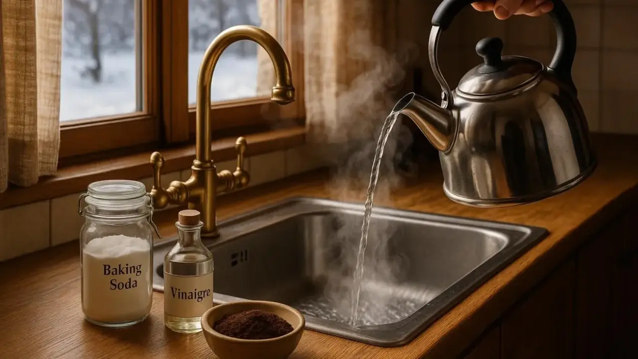 Une astuce de grand-mère pour l'odeur de canalisation : bicarbonate, vinaigre et eau bouillante versés dans l'évier.