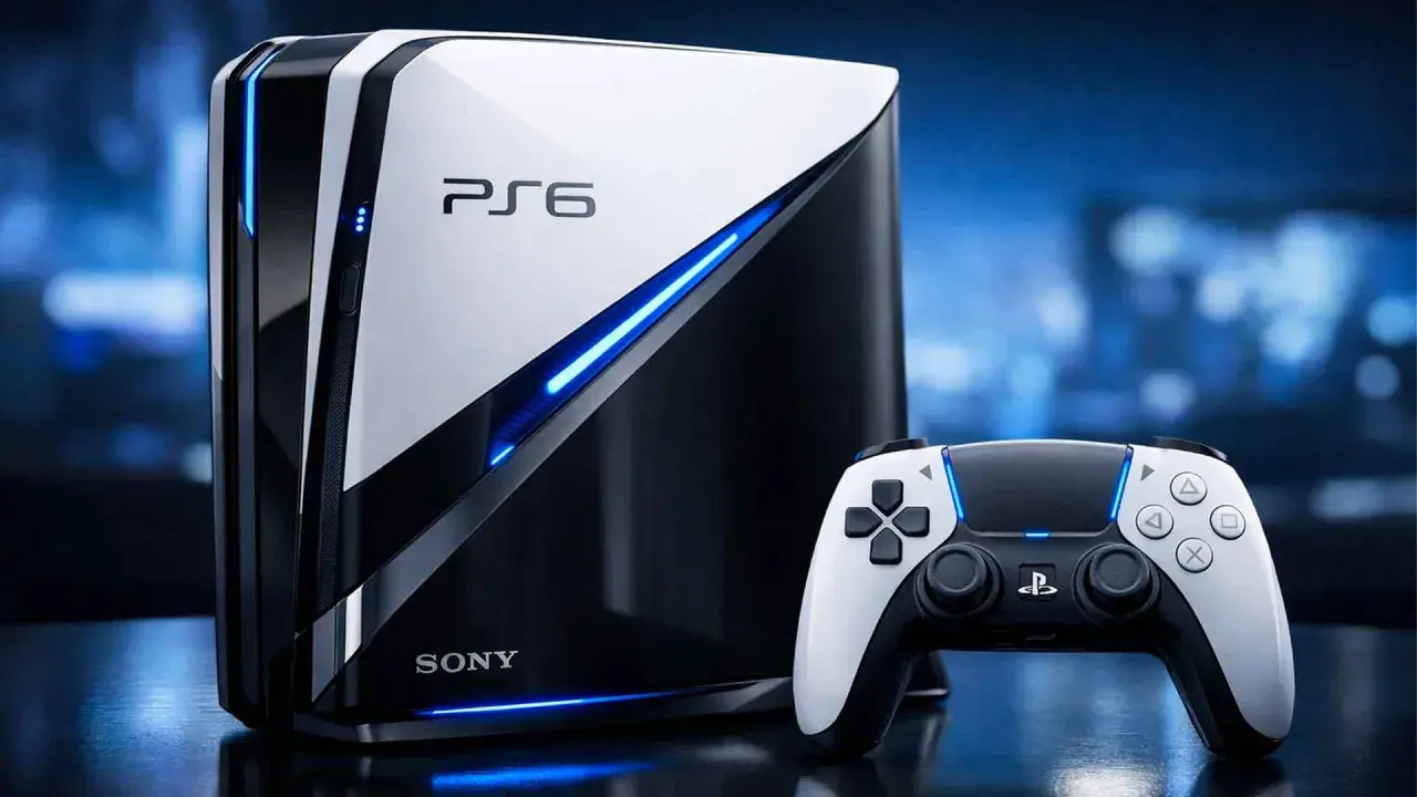 Console PlayStation 6 futuriste, blanche et noire, avec éclairage bleu vif. Manette assortie à proximité.