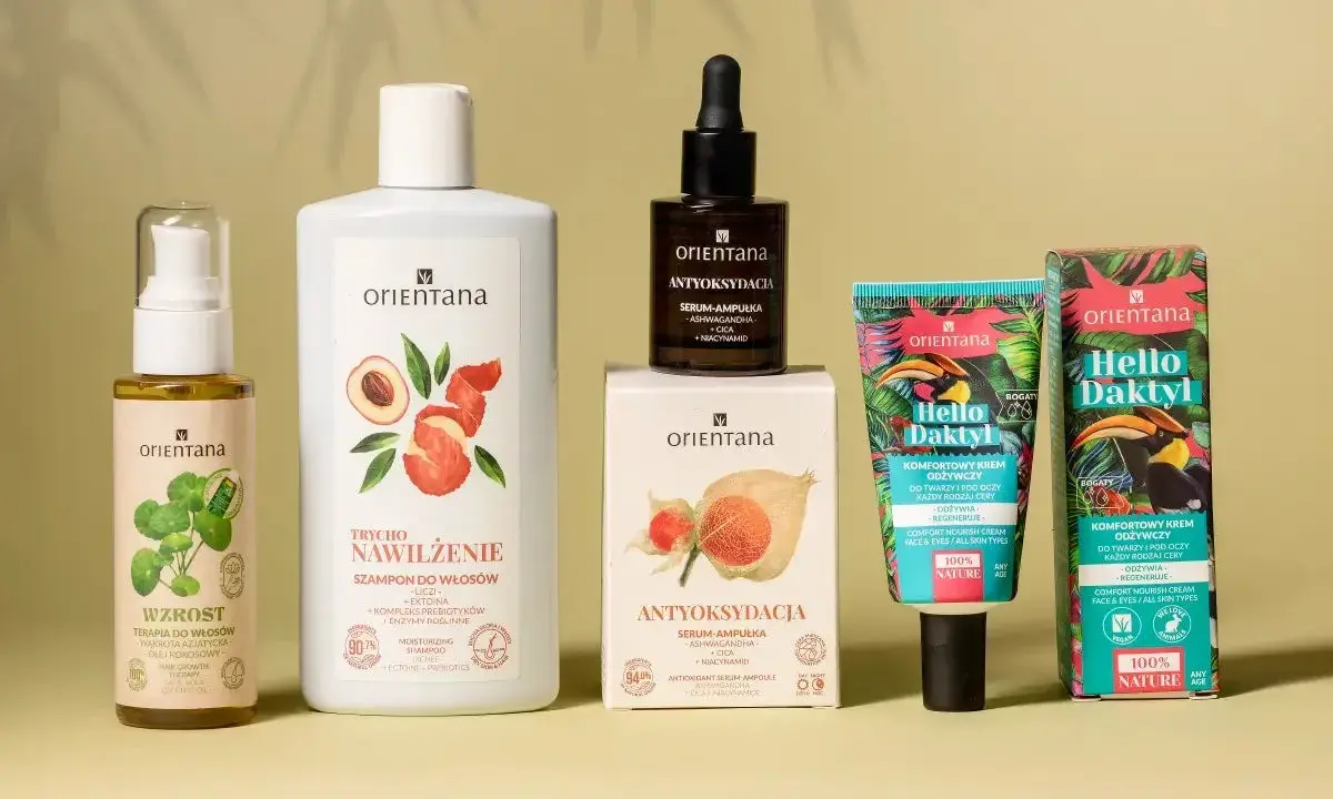 Kolekcja kosmetyków Orientana: szampon nawilżający, serum antyoksydacyjne, krem do twarzy i pod oczy z daktylem. Naturalna pielęgnacja botanicapharma.